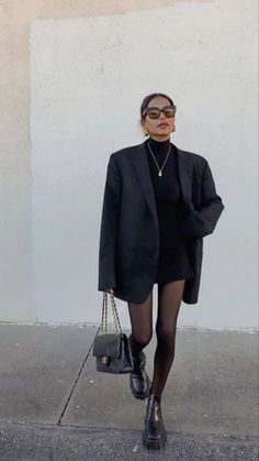 Classic trends- Shop the look with similar items linked below #daytonight #officedrinks #citybreak #shopping #classic #black #autumnoutfit https://amzn.to/3GVSYHq - Blazer https://amzn.to/3RByRmR - Skirt https://amzn.to/3va8Mnj - Turtle Neck bodysuit https://amzn.to/48rofOg - Platform Chelsea boots https://amzn.to/3NDpHFj - Bag https://amzn.to/48roLfa - Fleece lined sheer tights https://amzn.to/3TEDdfA - Pendant gold necklace https://amzn.to/3TDybjE - Thick gold hoop earrings https://amzn.to/3TCaBDB- Rectangle black sunglasses Oversized Blazer Outfit, Dinner Outfit Winter, Black Mini Skirt Outfit, Maxi Blazer, Looks Adidas, Black Blazer Outfit, Elegantes Outfit Damen, Look Legging