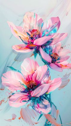 two pink flowers are in the water with splashes on it's sides and blue background