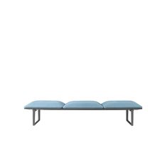 three blue benches sitting on top of each other in front of a white wall and floor