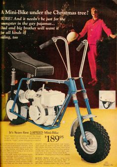 an advertisement for a small motorcycle with a man standing next to it and the bike is blue