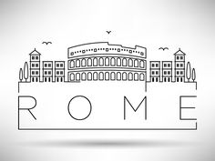 the word rome written in black ink on a white background with buildings and birds flying around it