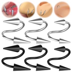 several different types of nose piercings with various shapes and sizes, including an arrow