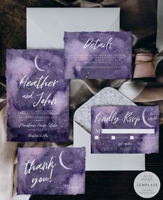 purple and white wedding stationery with the moon in the sky on top of it