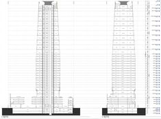 two tall buildings are shown with numbers on the side and one is labeled in blue