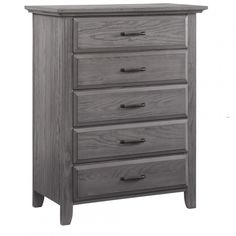 a gray dresser with five drawers on it