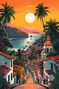 a painting of a sunset over a small town with palm trees in the foreground