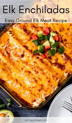 an enchiladas recipe in a casserole dish on a plate with avocado and cilantro