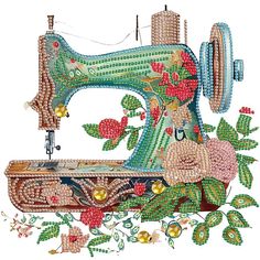 an old sewing machine with beads and flowers on it