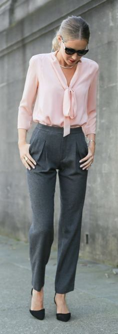 blush pink tie bow neck blouse, high-waisted pleated grey wool pants, classic black ankle strap pumps + silver choker Classy Cubicle, Suits Business, Comfy Blouse, Fashion Modest, Apostolic Fashion, Outfits Modest, Business Suits