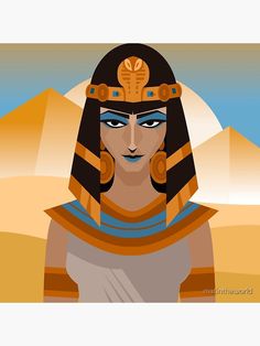 an egyptian woman with blue eyes in front of the pyramids and desert landscape, digital painting