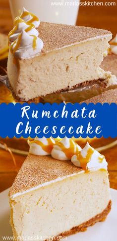 two pieces of cake on a plate with the words rumchata cheesecake above it