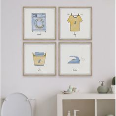 three pictures hanging on the wall above a toilet