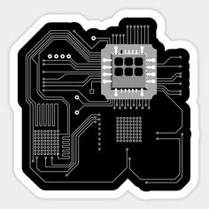 an electronic circuit board in black and white, with the image of a cpu chip