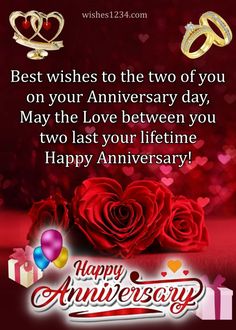 happy anniversary wishes for husband and wife with two rings on top of each other, surrounded by hearts