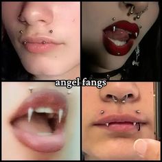 four different pictures of the same person with piercings on their lips and nose rings