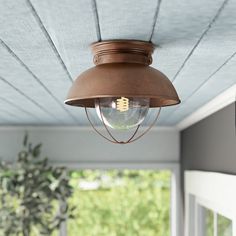 an outdoor light hanging from the ceiling in a porch with blue siding and green trees