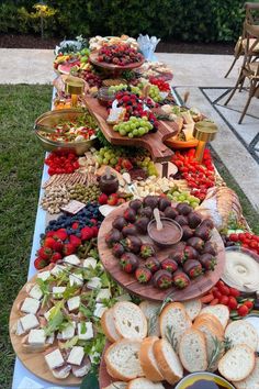 a long table filled with lots of food on top of grass next to a lawn