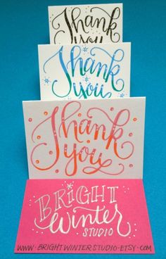 three different types of thank cards with handwritten lettering on the front and back of each card