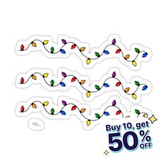 christmas lights on white background with 50 % off sale sign in the center and price tag below