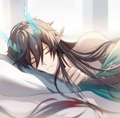 an anime character laying in bed with his eyes closed and long black hair blowing back