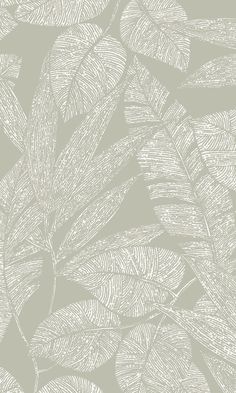 a wallpaper with leaves on it in grey and white colors, as well as the background