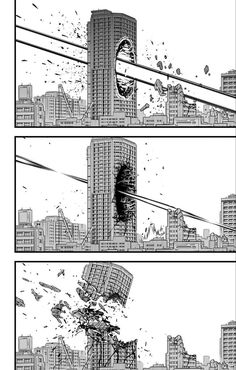 some sort of comic strip with buildings in the background and one being hit by another