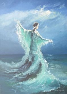 a painting of a woman standing in the ocean with her arms out to the side