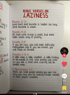 the bible verses on lazineess are displayed in an open book with red writing