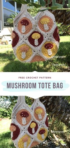 a crocheted tote bag hanging from a tree in front of a house