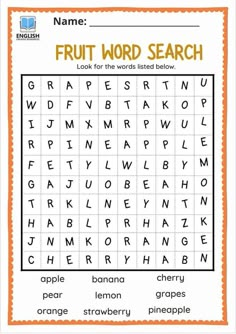 an orange and white fruit word search is shown in this printable worksheet