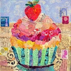 a painting of a cupcake with a strawberry on top and words all over it