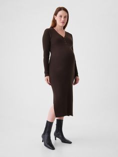 Supersoft cotton-blend ribbed maternity midi sweater dress.  V-neck with Henley button placket.  Long sleeves.  Please note: Maternity styles cannot be returned in store.  Please enjoy free returns by mail.  This product was made in a factory that runs the Gap Inc.  P. A. C. E.  Personal Advancement & Career Enhancement) program.  P. A. C. E.  is our educational program that helps the women who make our clothes build the skills, knowledge, confidence & resilience needed to advance in work & life.  Learn more here.  Choose your maternity Maternity Styles, Midi Sweater Dress, Plush Yarn, Gap Maternity, Sweater Dress Midi, Work Life, The Gap, Maternity Fashion, Button Placket