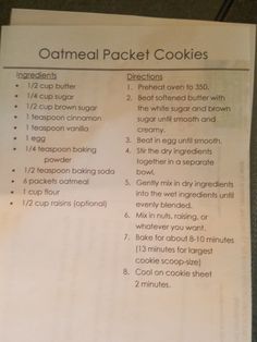 a recipe for oatmeal packet cookies is shown on top of a piece of paper