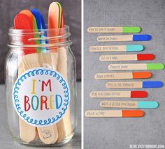 wooden spoons with i'm bored stickers on them next to a jar full of colored toothbrushes