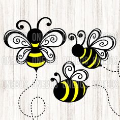 two black and yellow bees with swirls on white wood planks, one is facing the opposite direction