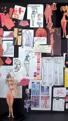 a barbie doll is standing in front of a wall covered with paper dolls and clothes