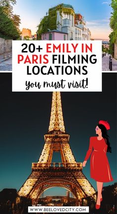 the eiffel tower in paris with text overlay reading 20 + family in paris filming locations you must visit