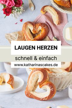 an image of breads and other food items on a table with the words laugen herzen schnell & enfach