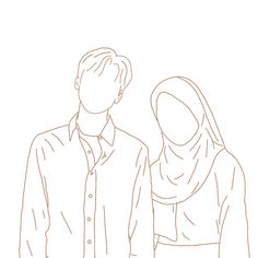 a man and woman standing next to each other in front of a white background with the outline of two people wearing headscarves