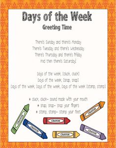 the days of the week poster with crayons and pencils in front of it