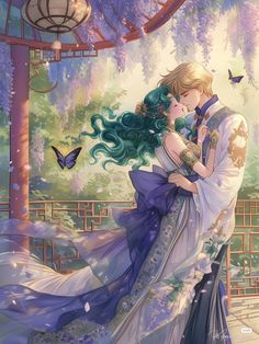 a man and woman are hugging under a tree with butterflies flying around them in the background