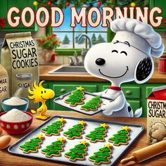 a snoopy dog baking cookies on top of a table with frosting and christmas decorations