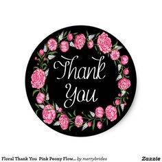 a black and pink floral thank you sticker with the words, thank you on it