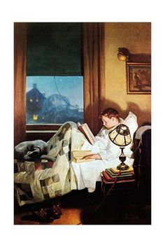 a painting of a person laying in bed with a book and lamp on the table