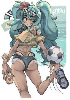 a cartoon girl with blue hair and glasses holding a soccer ball in one hand, while wearing