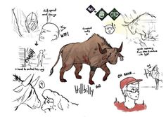 some sketches of animals and people on a white background