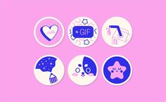 six badges with different designs on them, all in blue and white colors against a pink background