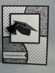 congratulations card with black and white graduation cap on it's side, surrounded by polka dots