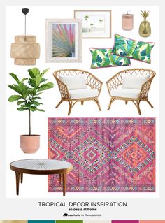 tropical decor in shades of pink, green and yellow with text that reads tropical decor inspiration