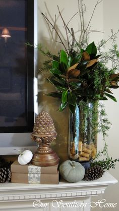 a vase filled with green plants sitting on top of a mantle next to a tv